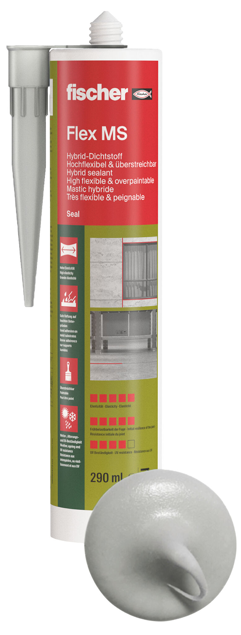 Product Picture: "fischer Hybrid sealant High flexible & overpaintable Flex MS grey 290 ml"