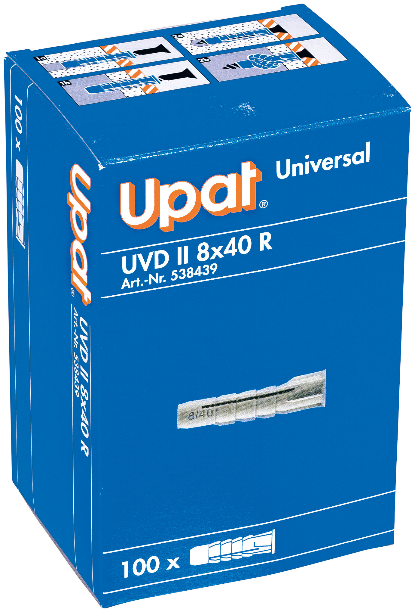 Verpackung: "Upat Universal-Dübel UVD II 8x40 R mit Rand"