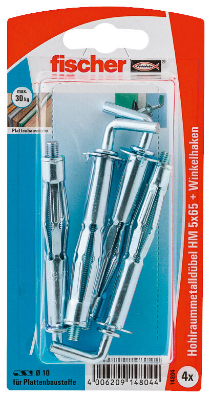 Verpackung: "fischer Hohlraum-Metalldübel HM 5 x 65 H mit Winkelhaken"