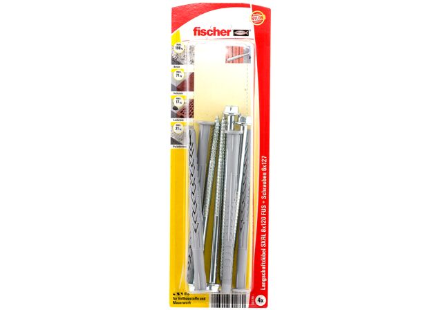 Verpackung: "fischer Langschaftdübel SXRL 8 x 120 FUS Sechskantschraube mit U-Scheibe"