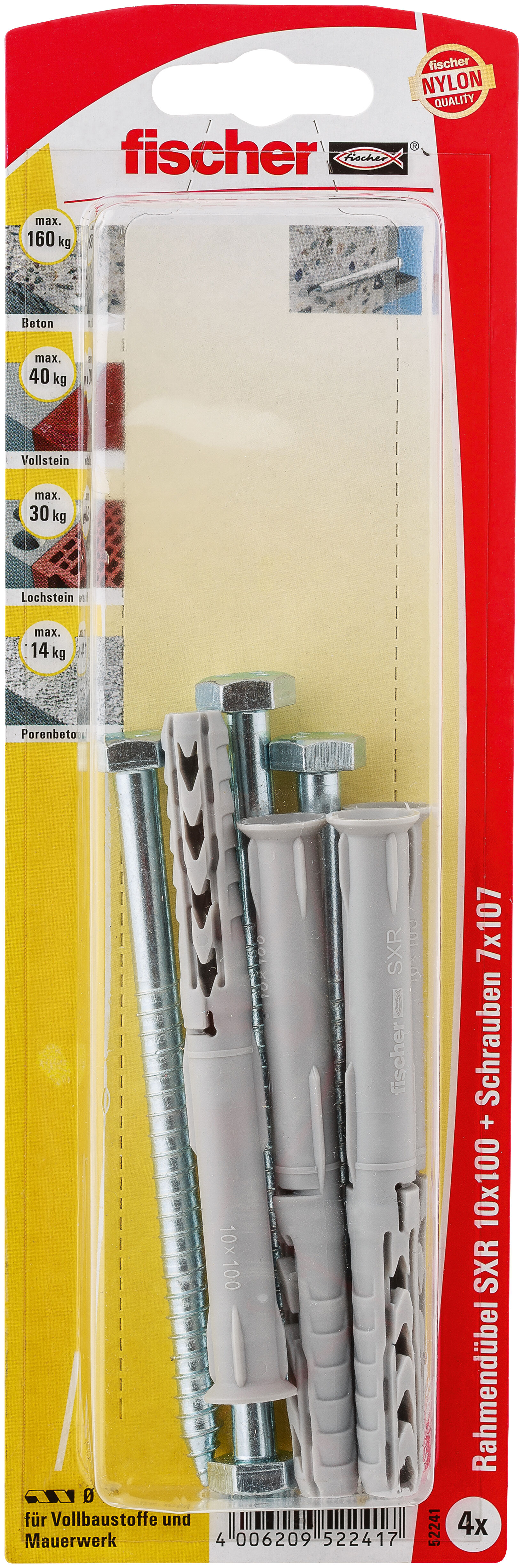 Packaging: "fischer Frame fixing SXR 10 x 100 SS K with hexagonal screw"