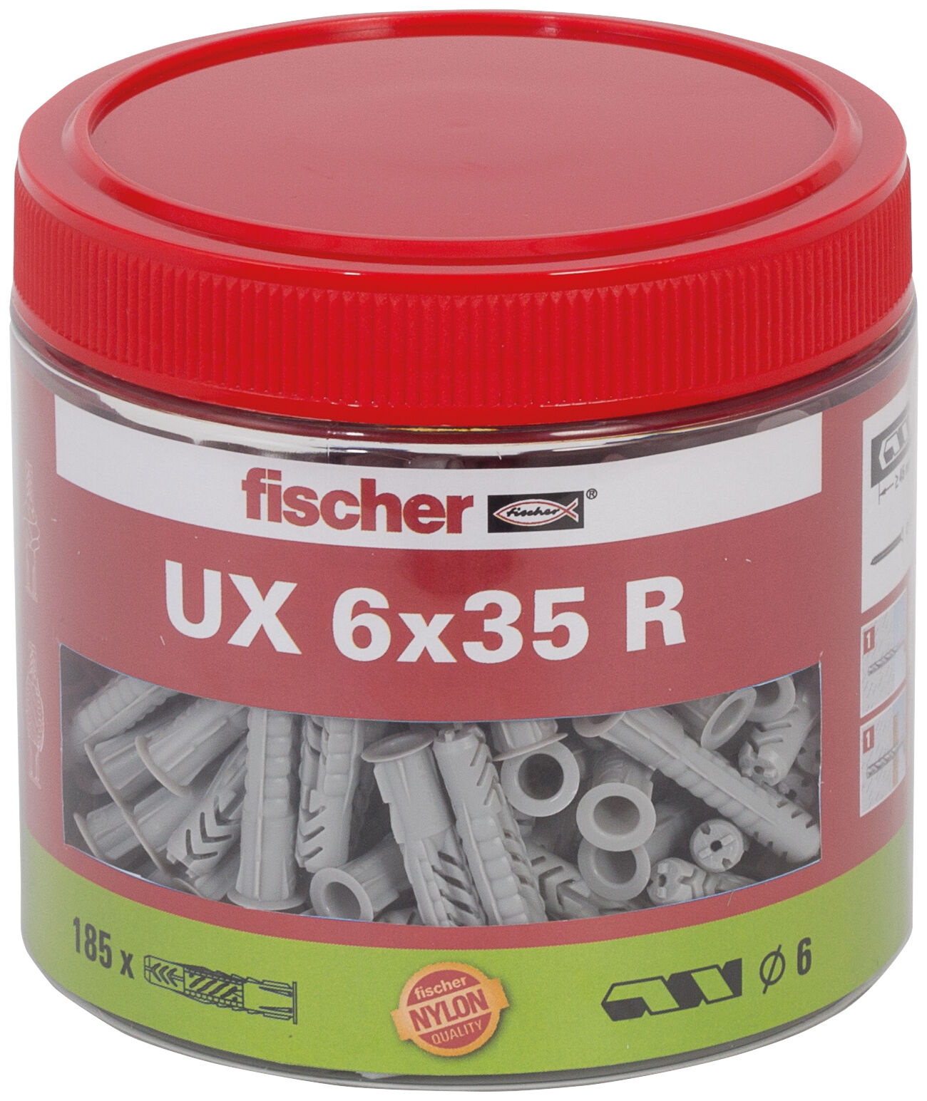 Packaging: "fischer Universal plug UX 6 x 35 R with rim, tin"