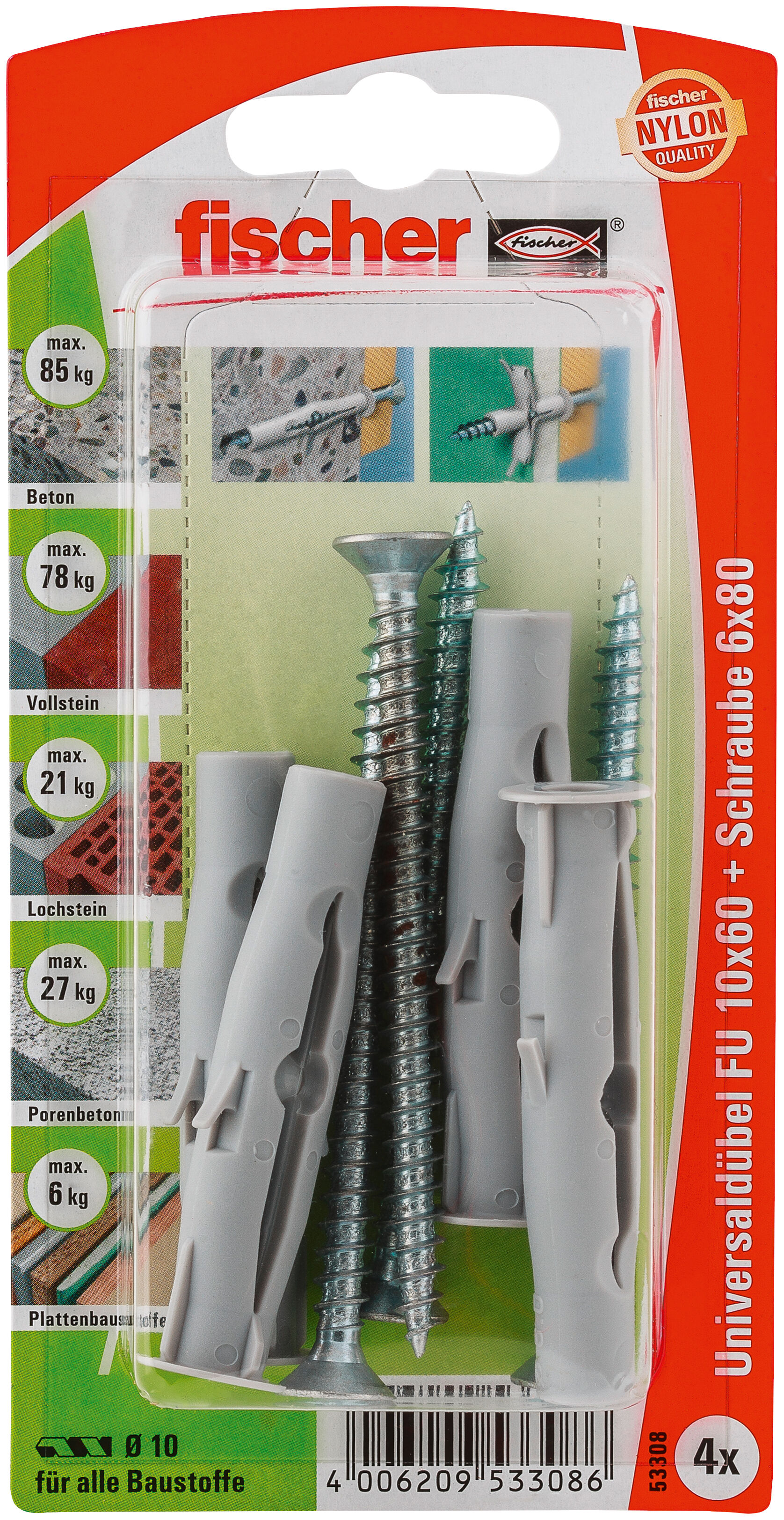 Verpackung: "fischer Universaldübel FU 10 x 60 S mit Schraube"