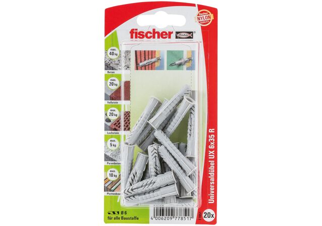 Verpackung: "fischer Universaldübel UX 6 x 35 R mit Rand"