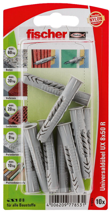 Verpackung: "fischer Universaldübel UX 8 x 50 R mit Rand"