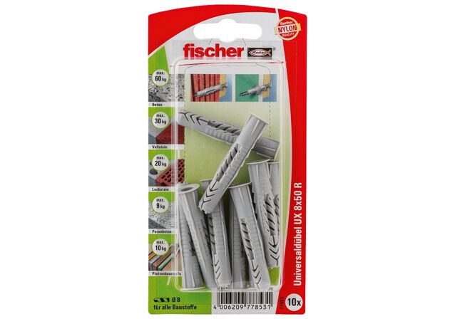 Packaging: "fischer Universal plug UX 8 x 50 R K with rim"