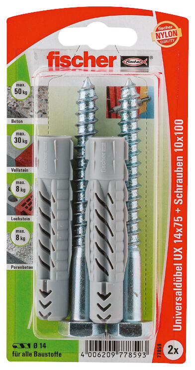 Packaging: "fischer Universal plug UX 14 x 75 S K with screw"