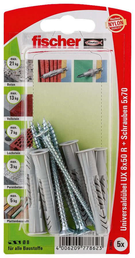 Verpackung: "fischer Universaldübel UX 8 x 50 R S mit Rand und Schraube"