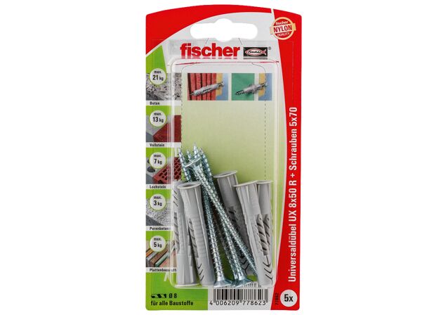 Packaging: "fischer Universal plug UX 8 x 50 RS K with rim and screw"