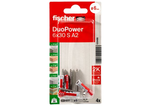Verpackung: "fischer DuoPower 6 x 30 S Schraube nicht rostender Stahl A2"