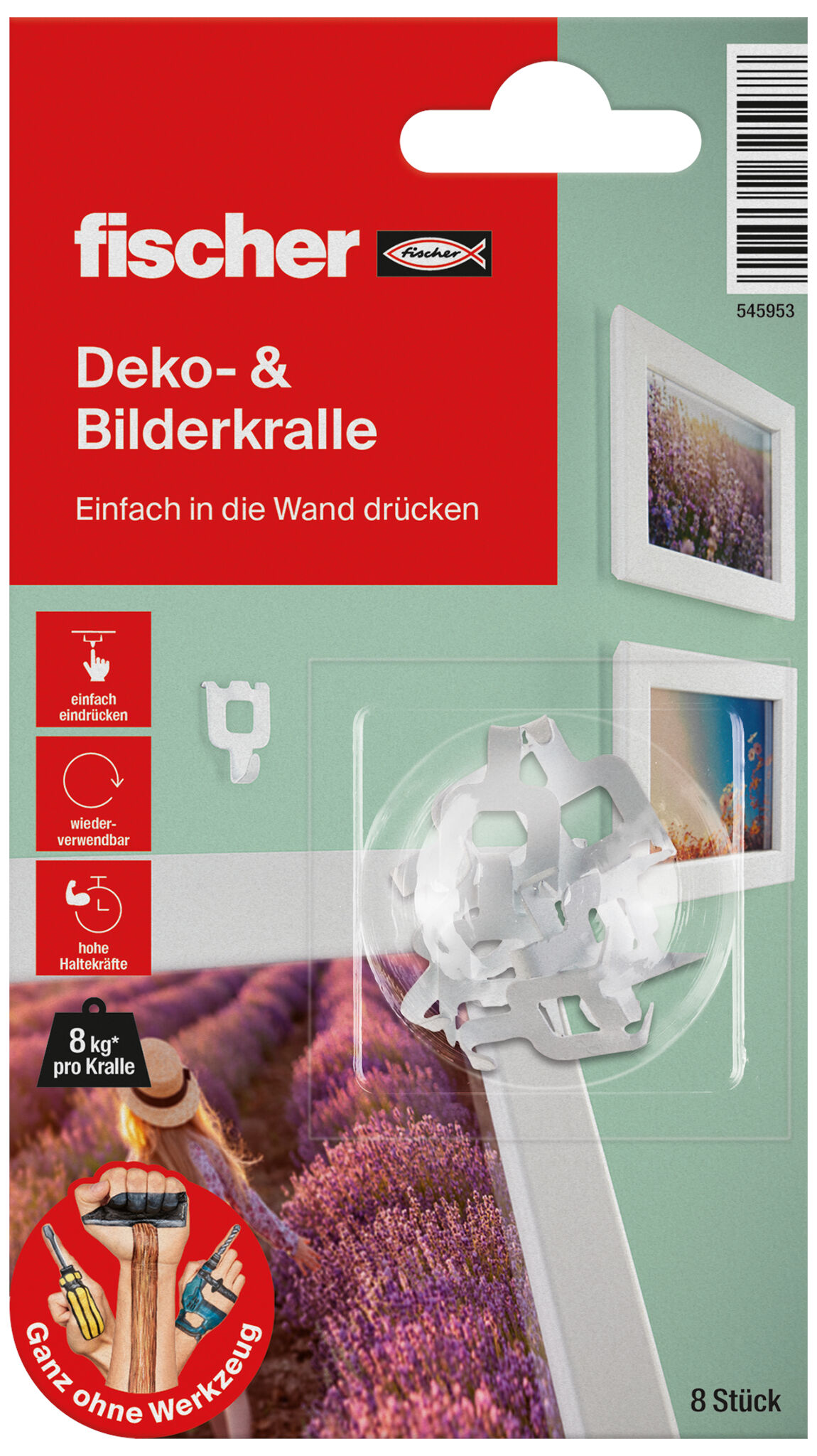 Verpackung: "fischer Bilderkralle 8 Stück"