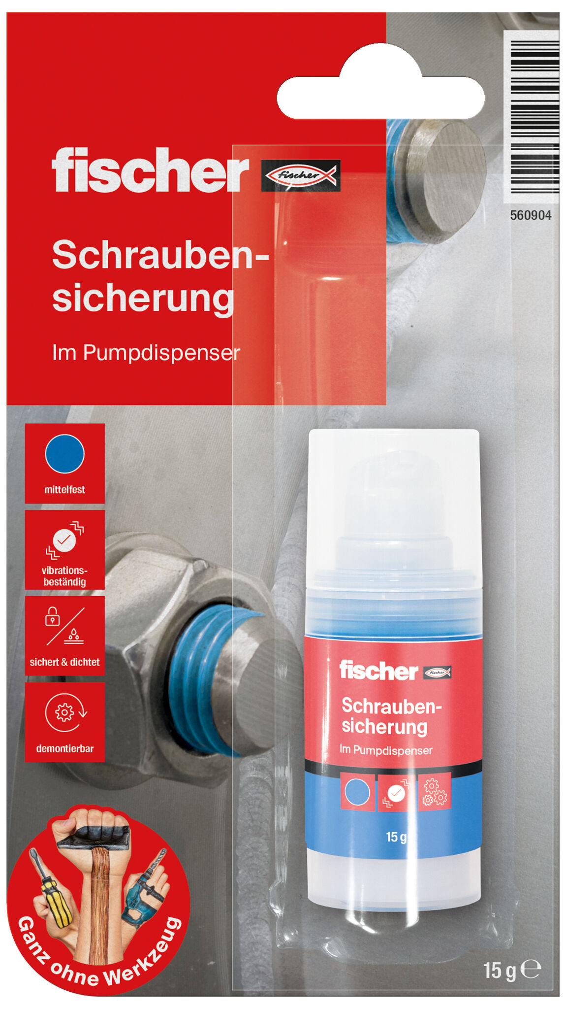 Verpackung: "fischer Schraubensicherung, 15 Gramm"