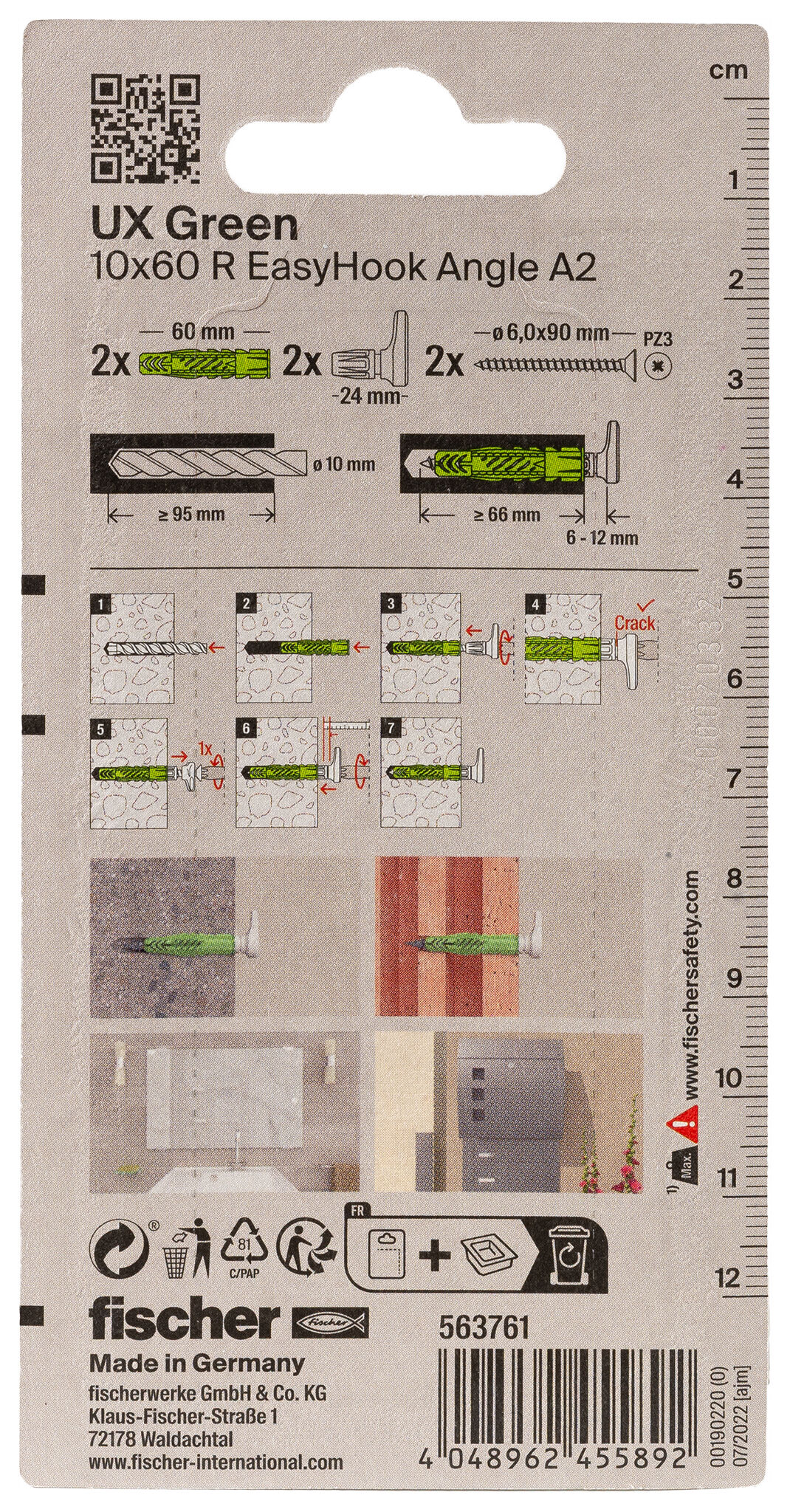 Verpackung: "fischer Universaldübel UX Green 10 x 60 R EasyHook Angle mit Edelstahlschraube A2"