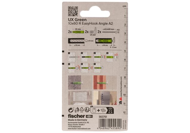Verpackung: "fischer Universaldübel UX Green 10 x 60 R EasyHook Angle mit Edelstahlschraube A2"