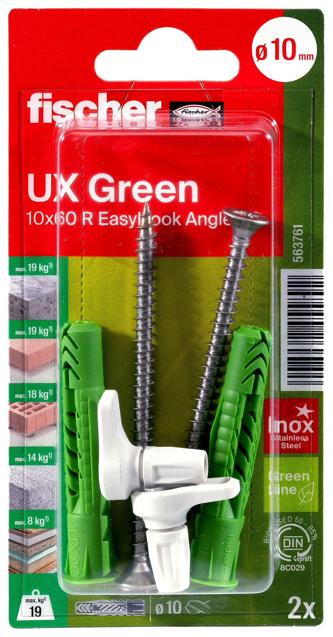 Verpackung: "fischer Universaldübel UX Green 10 x 60 R EasyHook Angle mit Edelstahlschraube A2"