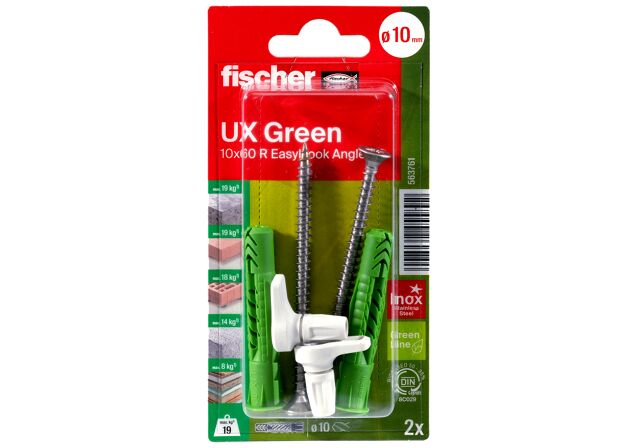 Verpackung: "fischer Universaldübel UX Green 10 x 60 R EasyHook Angle mit Edelstahlschraube A2"