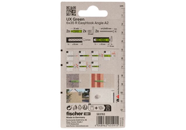 Verpackung: "fischer Universaldübel UX Green 6 x 35 R EasyHook Angle mit Edelstahlschraube A2"