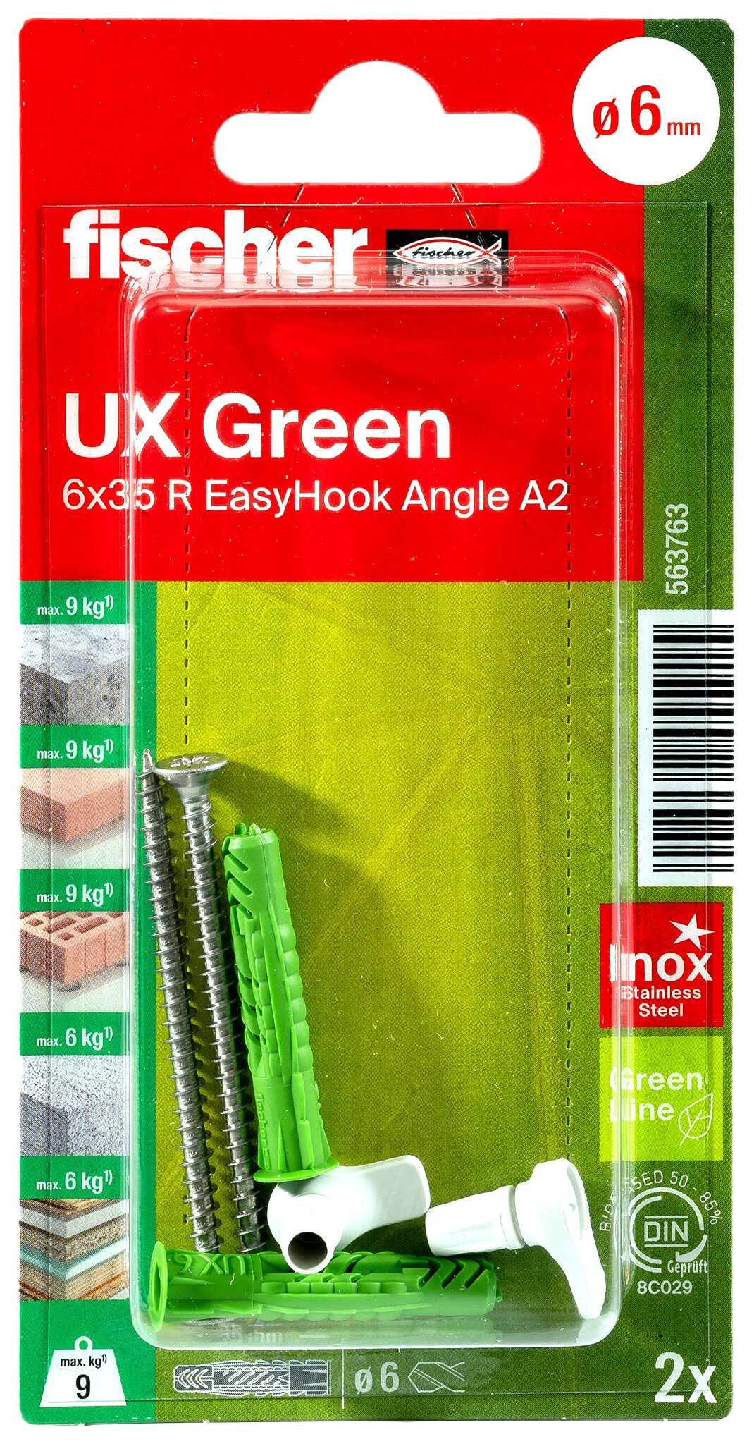Verpackung: "fischer Universaldübel UX Green 6 x 35 R EasyHook Angle mit Edelstahlschraube A2"