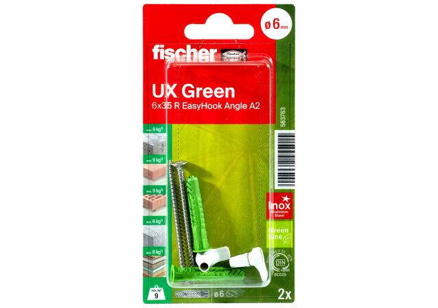 Verpackung: "fischer Universaldübel UX Green 6 x 35 R EasyHook Angle mit Edelstahlschraube A2"