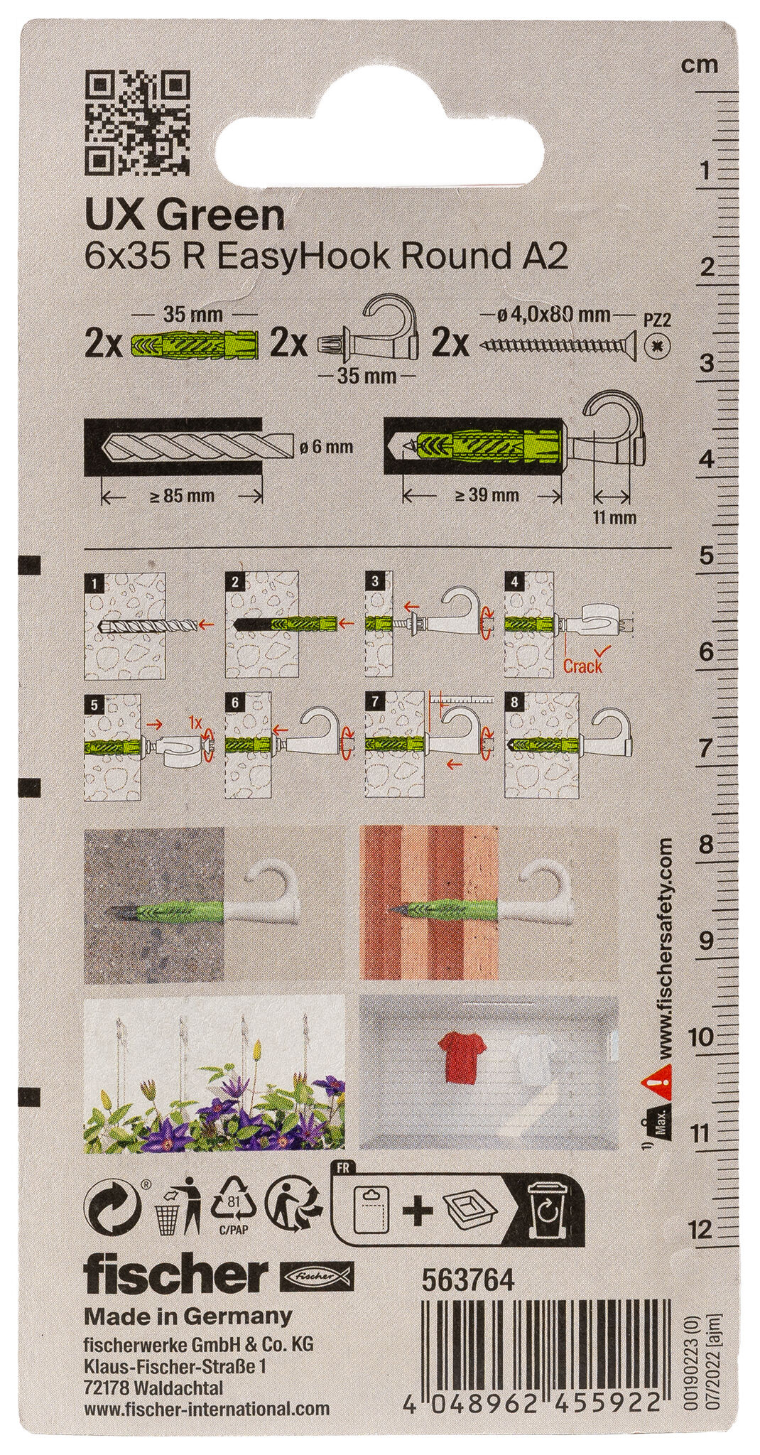 Verpackung: "fischer Universaldübel UX Green 6 x 35 R EasyHook Round mit Rand und Edelstahlschraube A2"