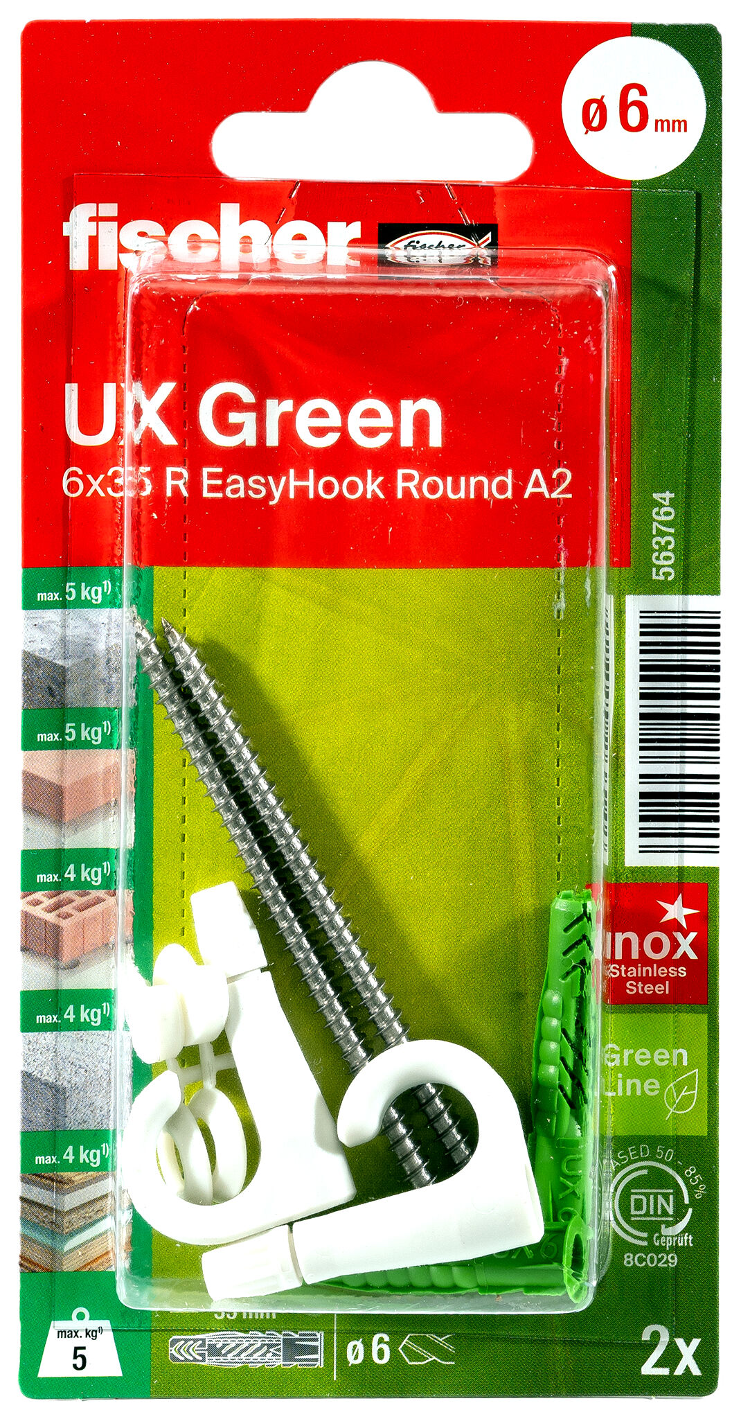 Verpackung: "fischer Universaldübel UX Green 6 x 35 R EasyHook Round mit Rand und Edelstahlschraube A2"