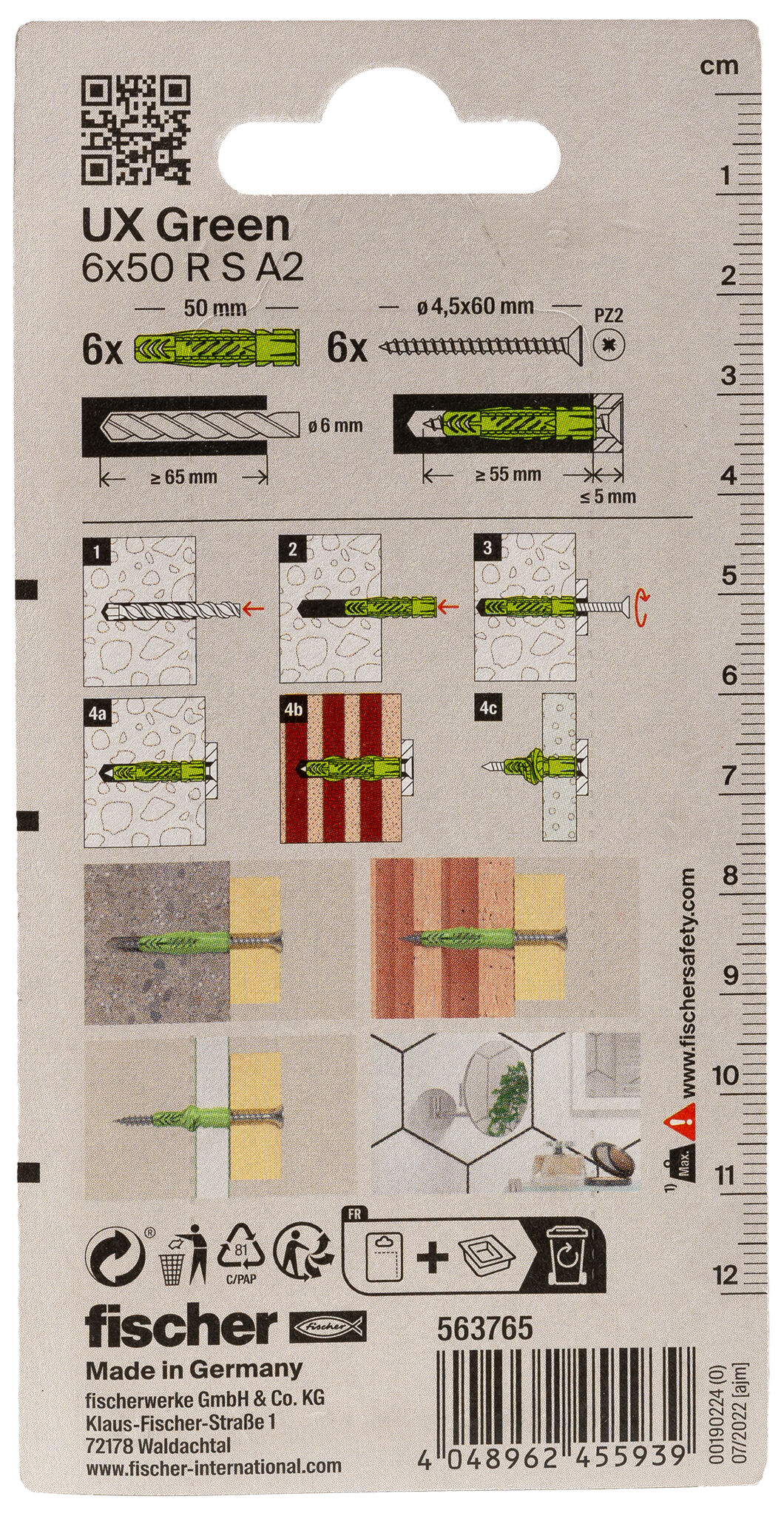 Verpackung: "fischer Universaldübel UX Green 6 x 50 R S mit Rand und Edelstahlschraube A2"