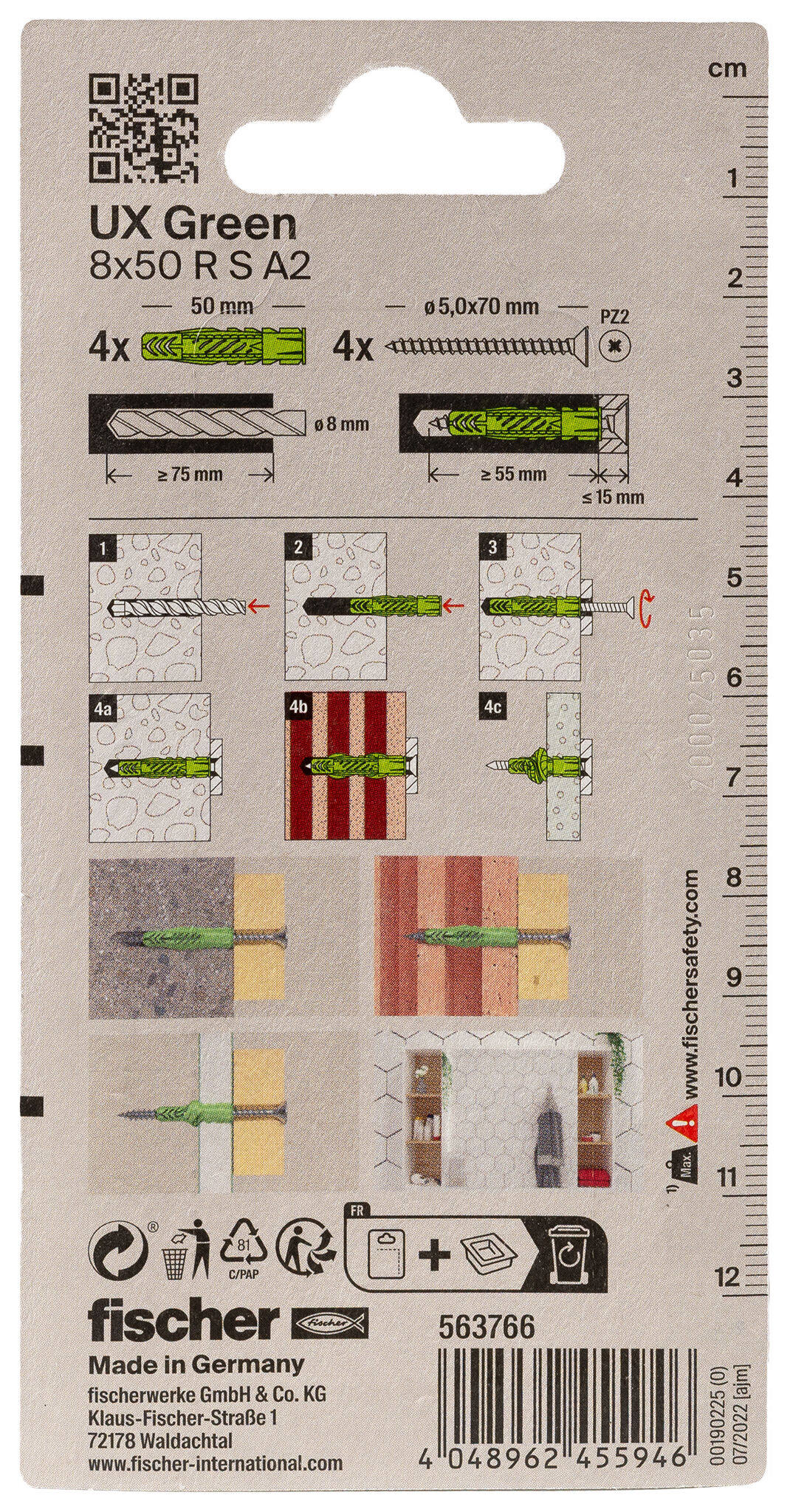 Verpackung: "fischer Universaldübel UX Green 8 x 50 R S mit Rand und Edelstahlschraube A2"