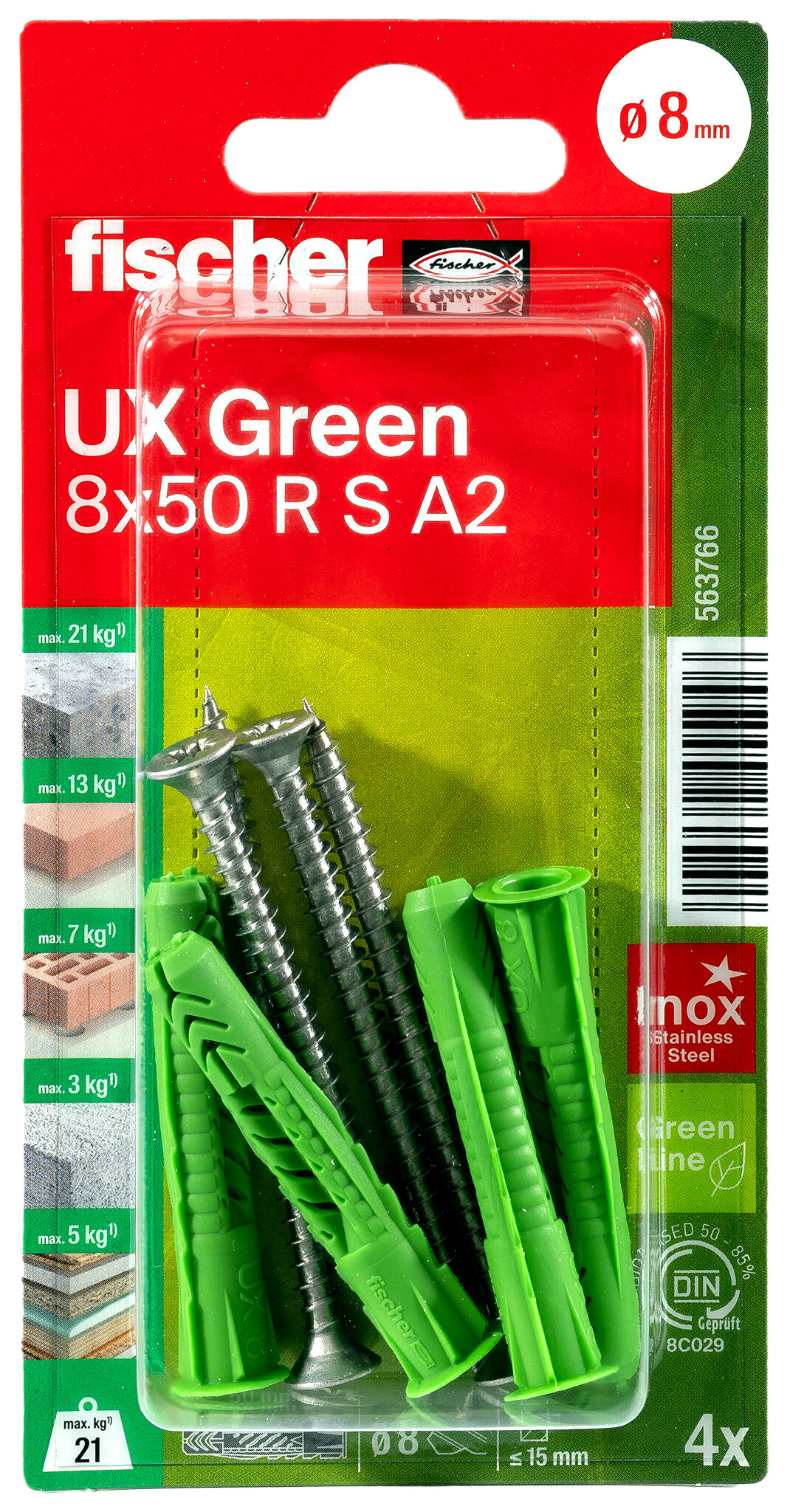 Verpackung: "fischer Universaldübel UX Green 8 x 50 R S mit Rand und Edelstahlschraube A2"