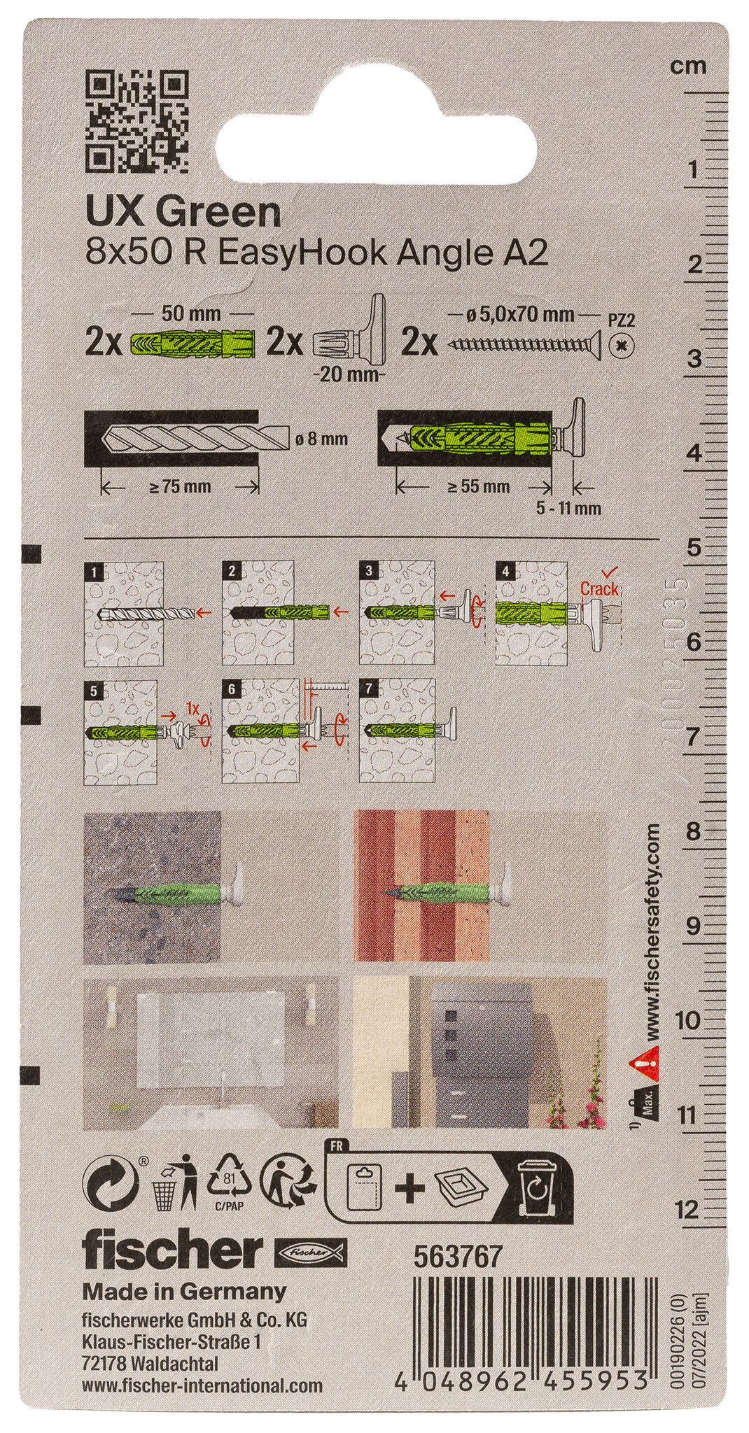 Verpackung: "fischer Universaldübel UX Green 8 x 50 R EasyHook Angle mit Rand Edelstahlschraube A2"