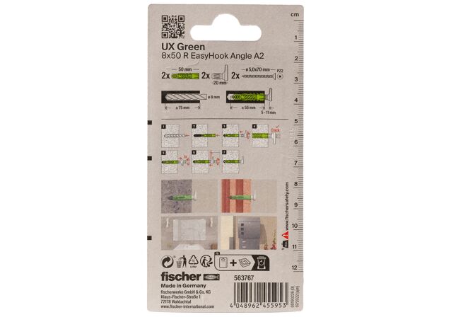 Verpackung: "fischer Universaldübel UX Green 8 x 50 R EasyHook Angle mit Rand Edelstahlschraube A2"