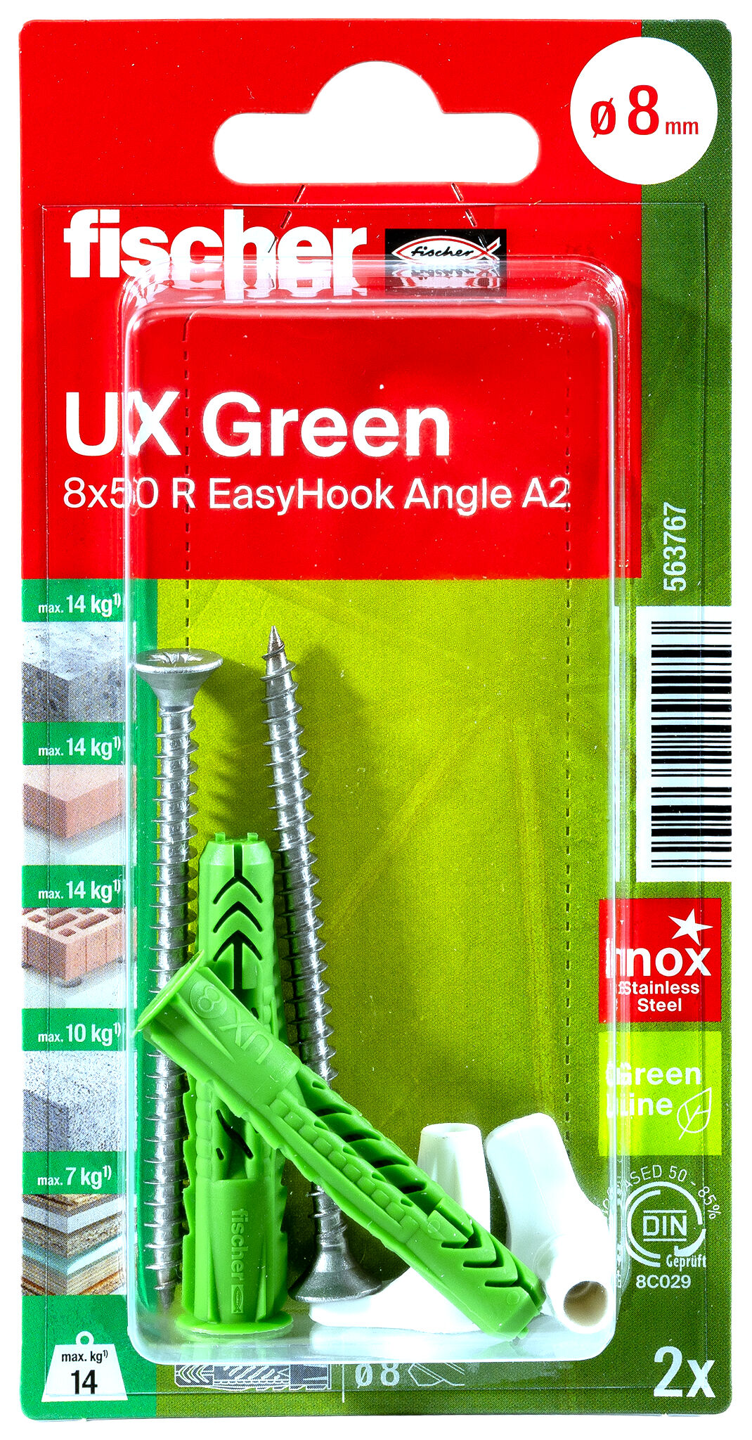 Verpackung: "fischer Universaldübel UX Green 8 x 50 R EasyHook Angle mit Rand Edelstahlschraube A2"