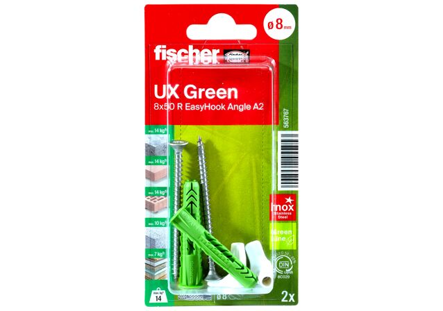 Verpackung: "fischer Universaldübel UX Green 8 x 50 R EasyHook Angle mit Rand Edelstahlschraube A2"