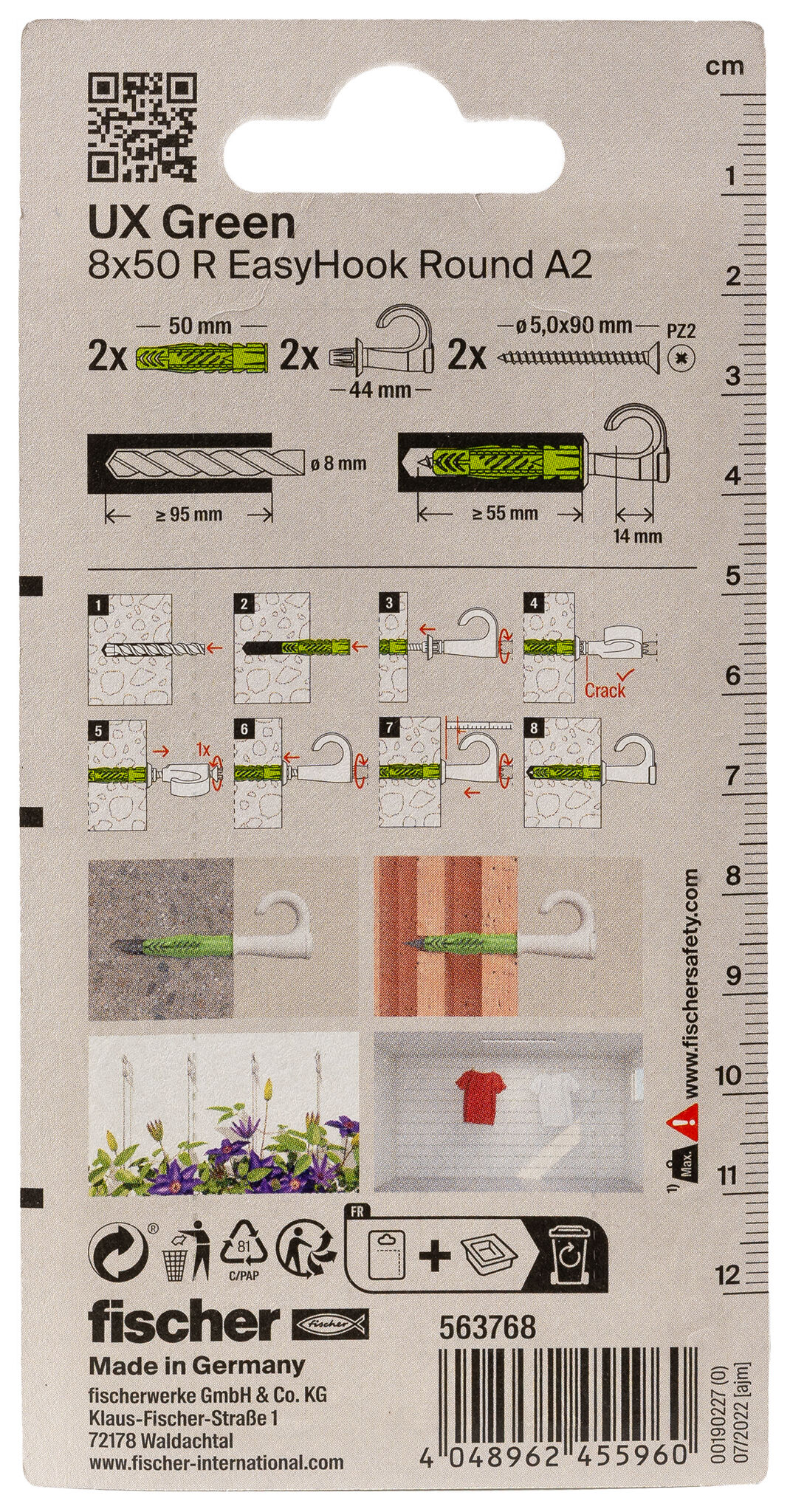 Verpackung: "fischer Universaldübel UX Green 8 x 50 R EasyHook Round mit Rand und Edelstahlschraube A2"