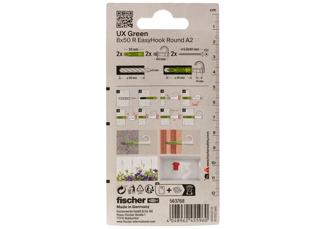 Verpackung: "fischer Universaldübel UX Green 8 x 50 R EasyHook Round mit Rand und Edelstahlschraube A2"