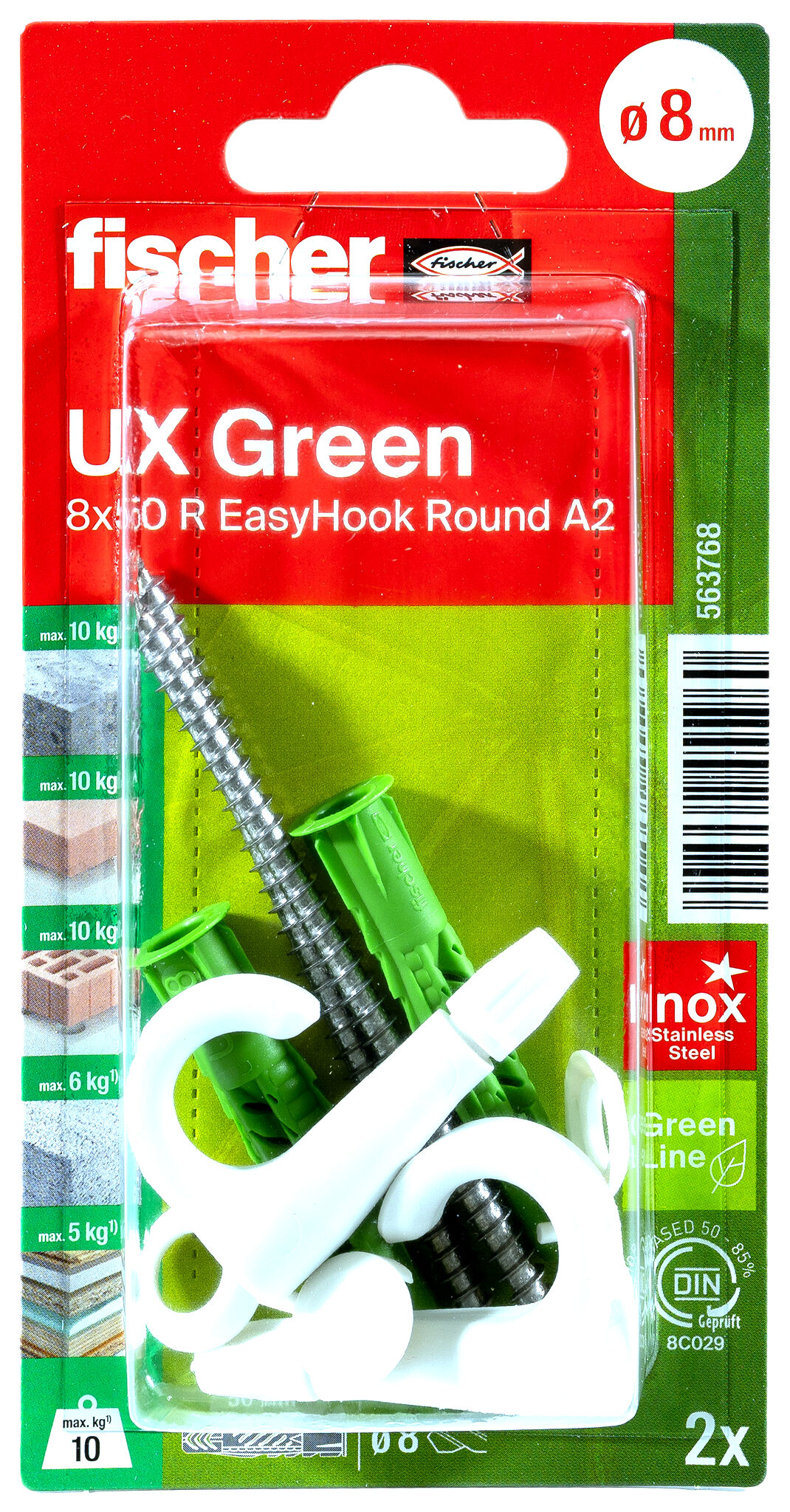 Verpackung: "fischer Universaldübel UX Green 8 x 50 R EasyHook Round mit Rand und Edelstahlschraube A2"