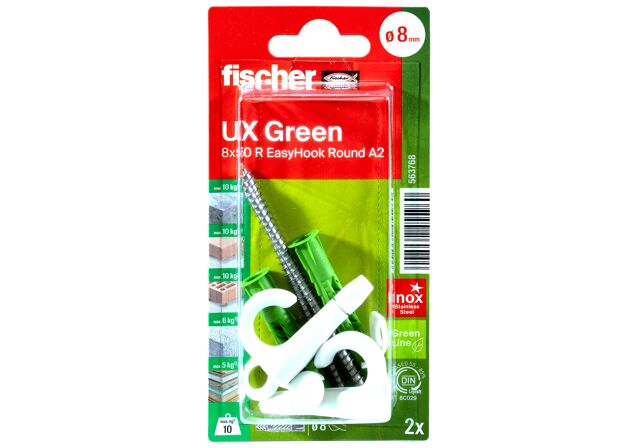 Verpackung: "fischer Universaldübel UX Green 8 x 50 R EasyHook Round mit Rand und Edelstahlschraube A2"