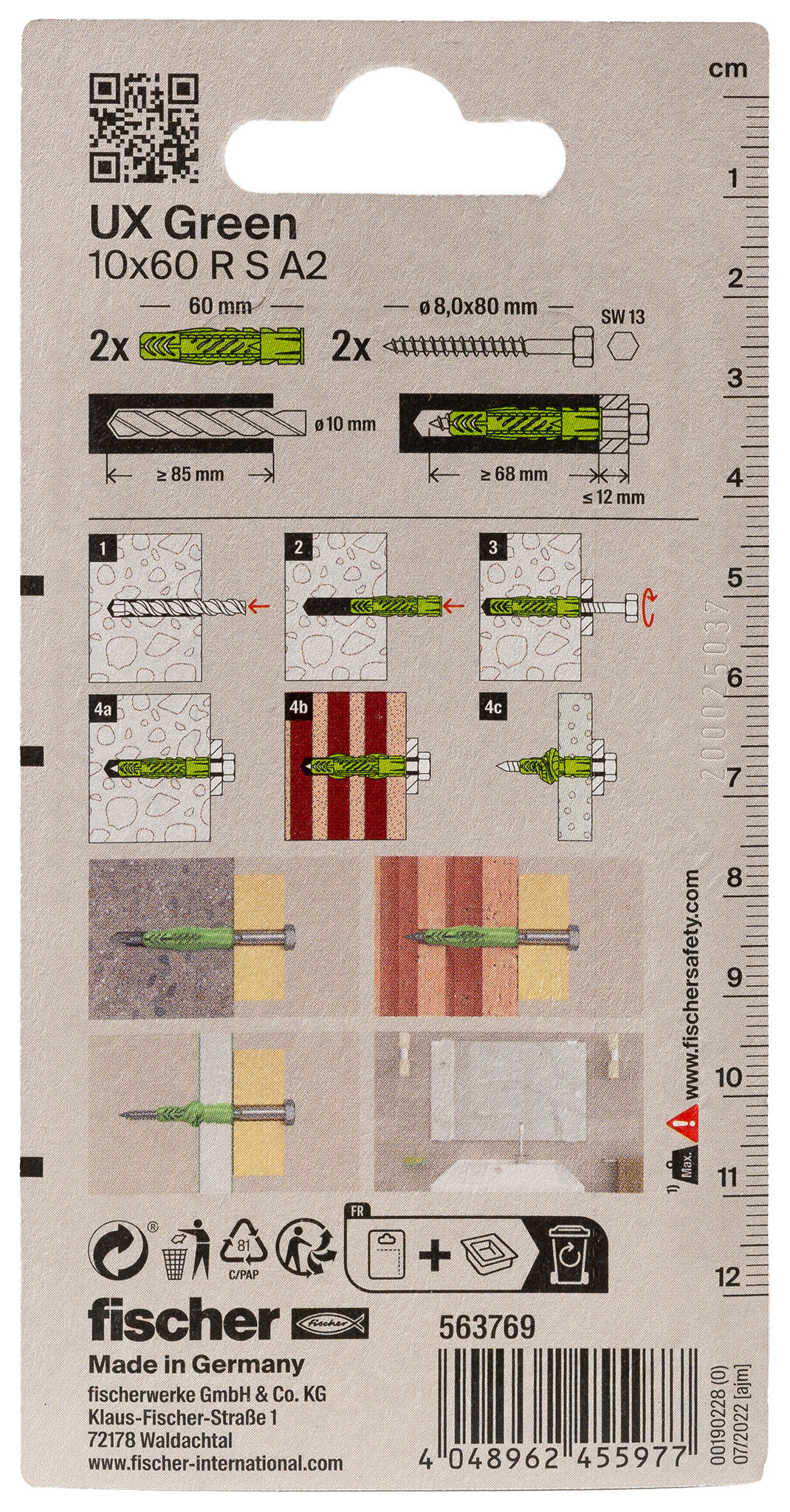 Verpackung: "fischer Universaldübel UX Green 10 x 60 R S mit Rand und Edelstahlschraube A2"