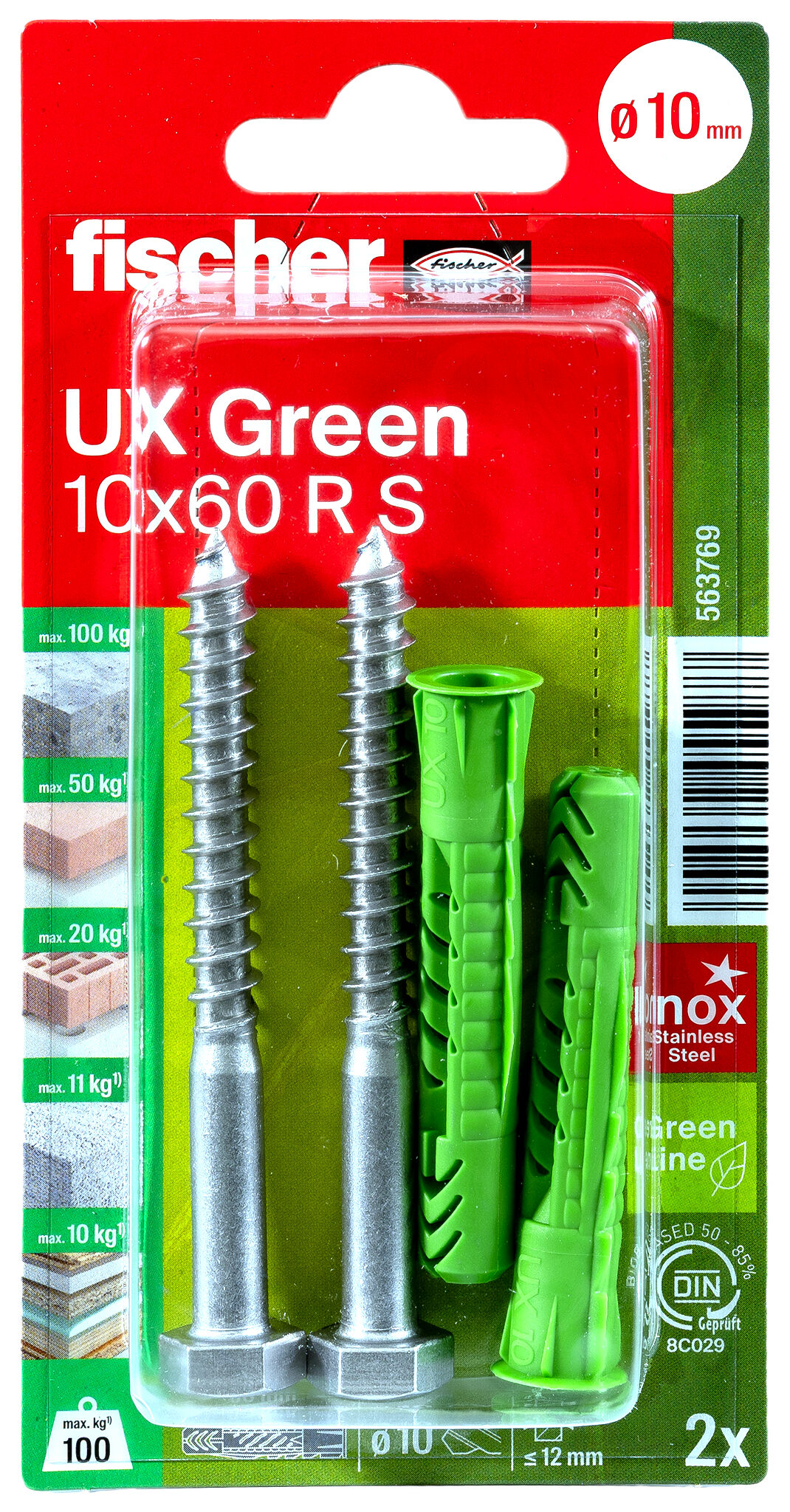 Verpackung: "fischer Universaldübel UX Green 10 x 60 R S mit Rand und Edelstahlschraube A2"