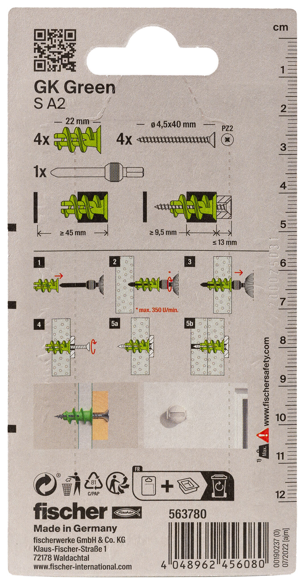 Verpackung: "fischer Gipskartondübel GK Green S mit Edelstahlschraube A2"
