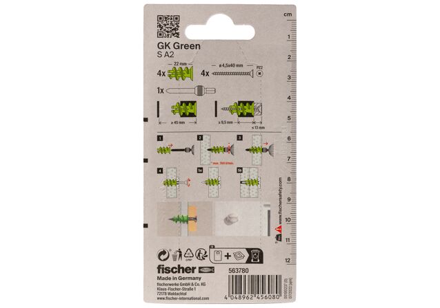 Verpackung: "fischer Gipskartondübel GK Green S mit Edelstahlschraube A2"