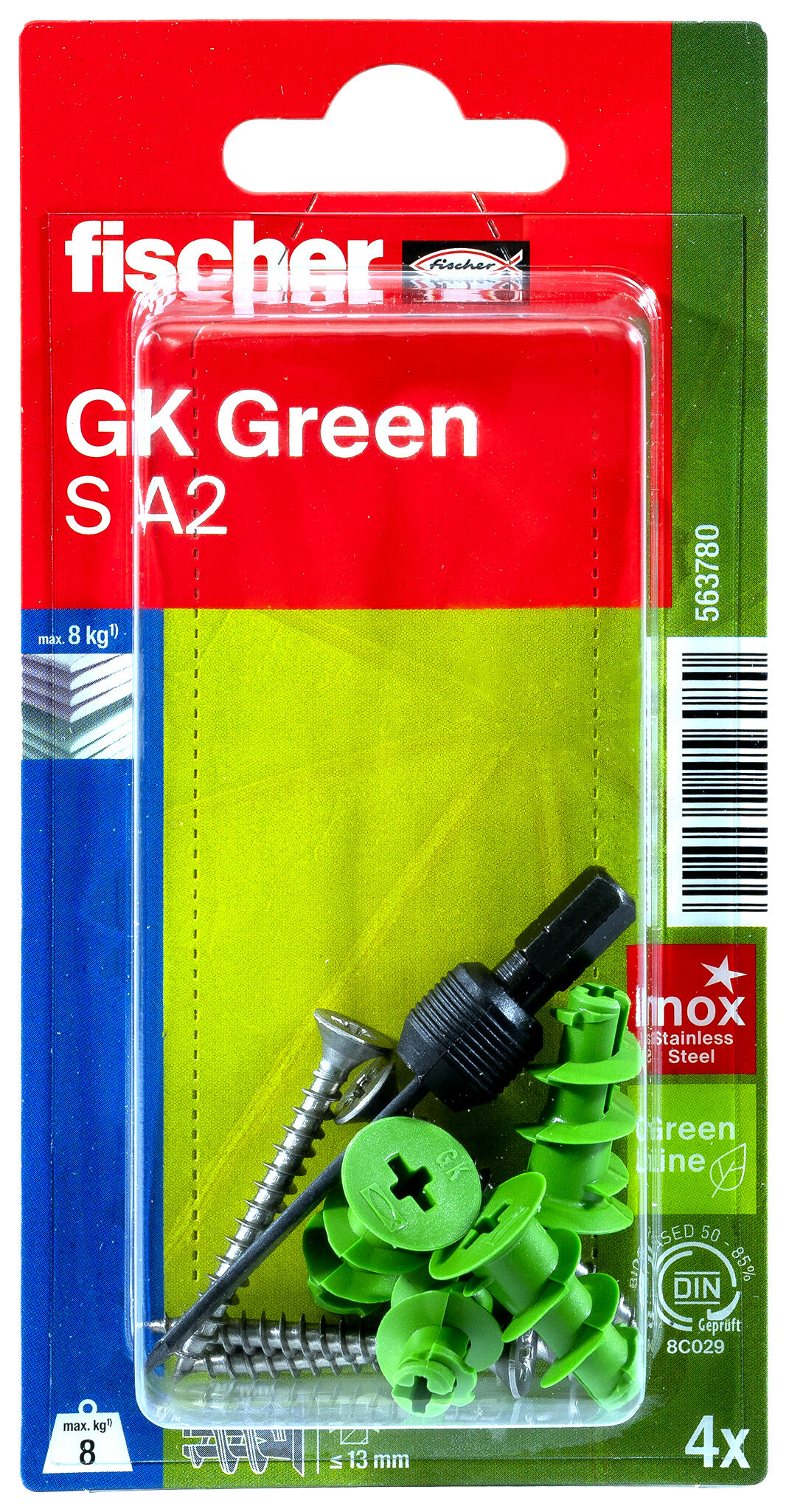 Verpackung: "fischer Gipskartondübel GK Green S mit Edelstahlschraube A2"