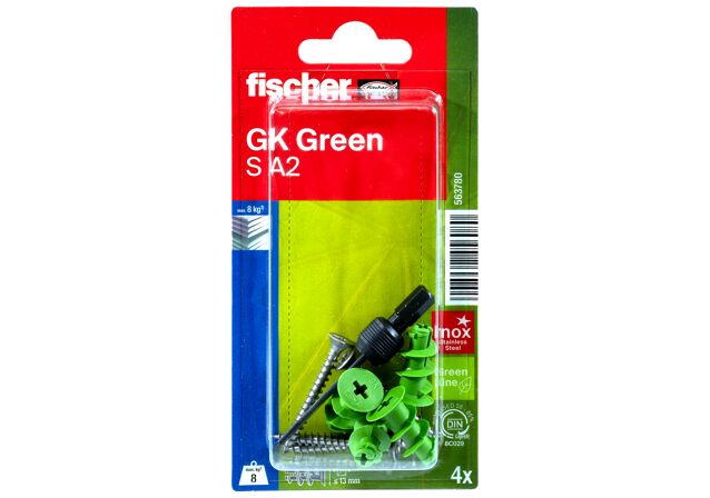 Verpackung: "fischer Gipskartondübel GK Green S mit Edelstahlschraube A2"