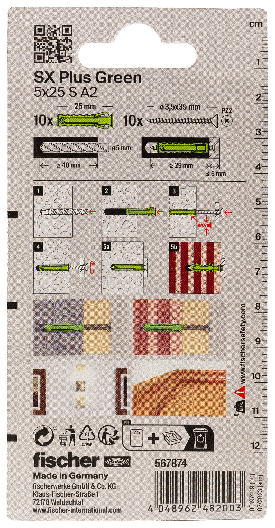 Verpackung: "fischer Spreizdübel SX Plus Green 5 x 25 S mit Edelstahlschraube A2"