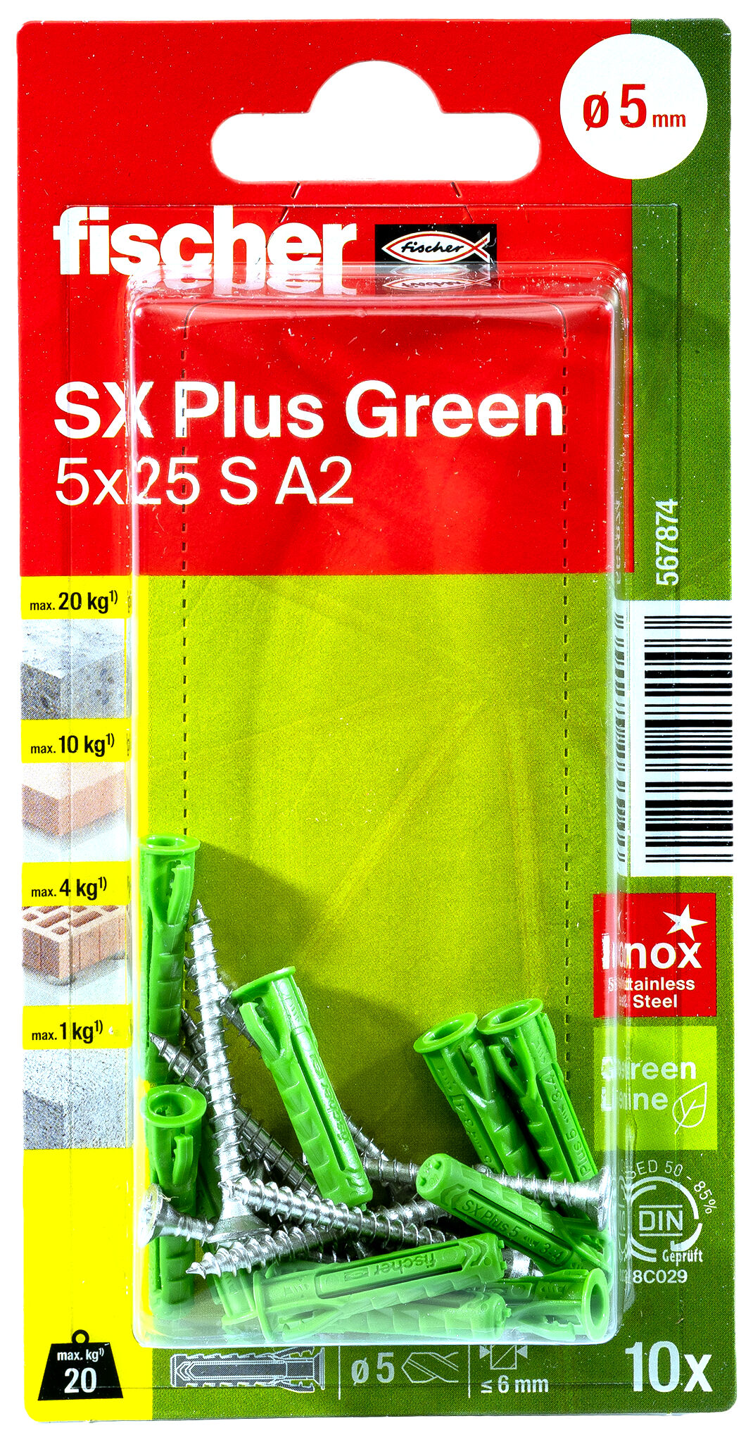 Verpackung: "fischer Spreizdübel SX Plus Green 5 x 25 S mit Edelstahlschraube A2"