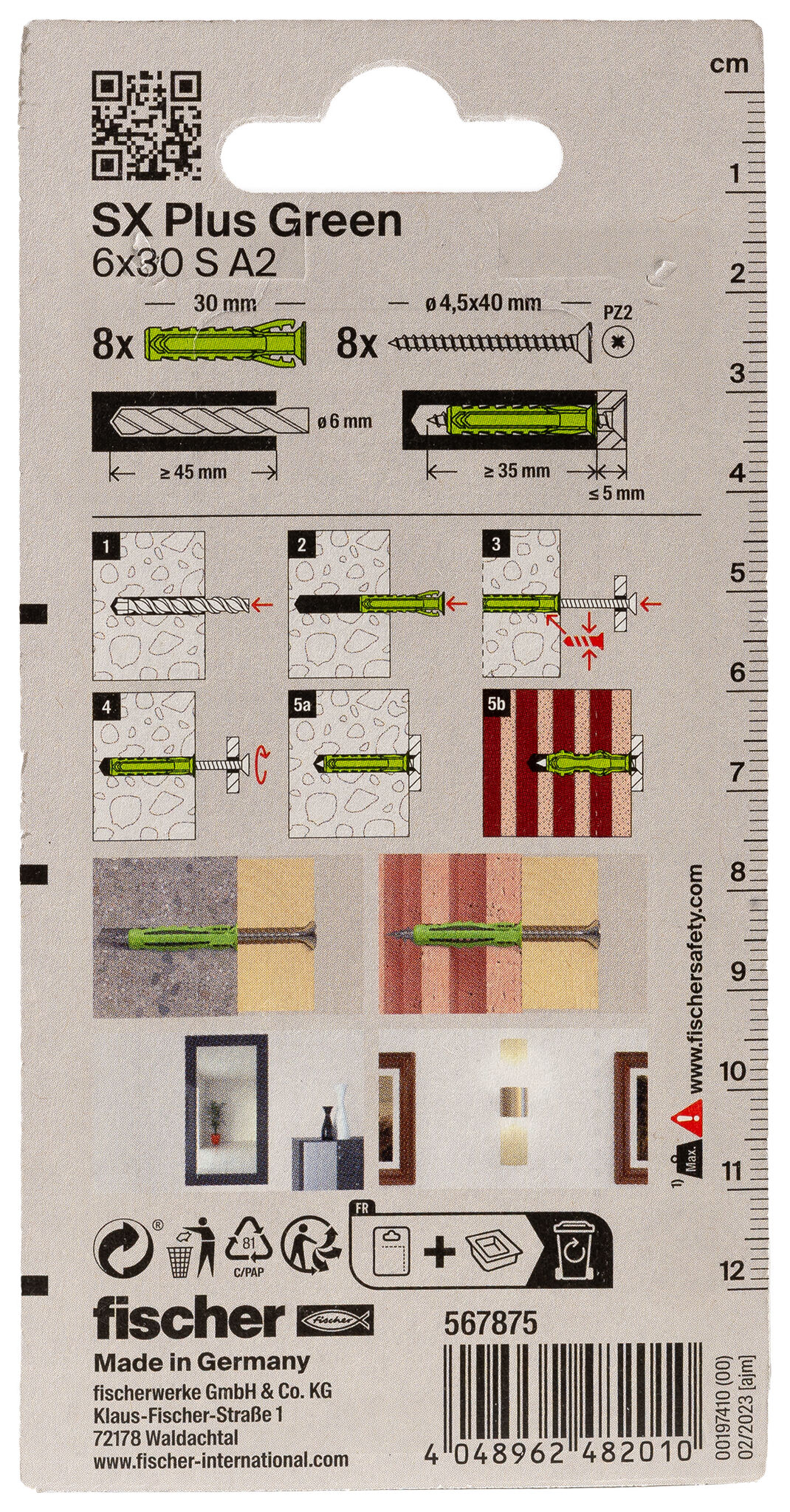 Verpackung: "fischer Spreizdübel SX Plus Green 6 x 30 S mit Edelstahlschraube A2"