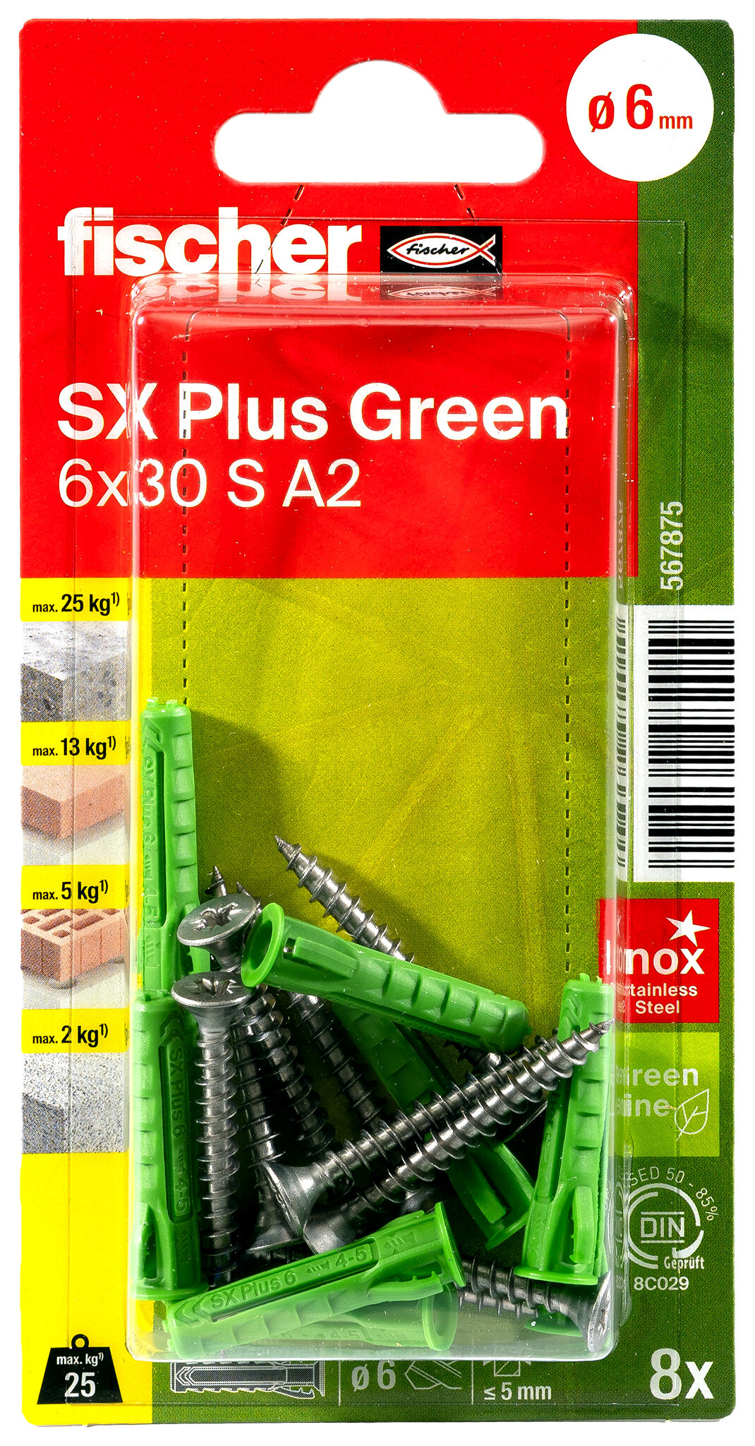 Verpackung: "fischer Spreizdübel SX Plus Green 6 x 30 S mit Edelstahlschraube A2"