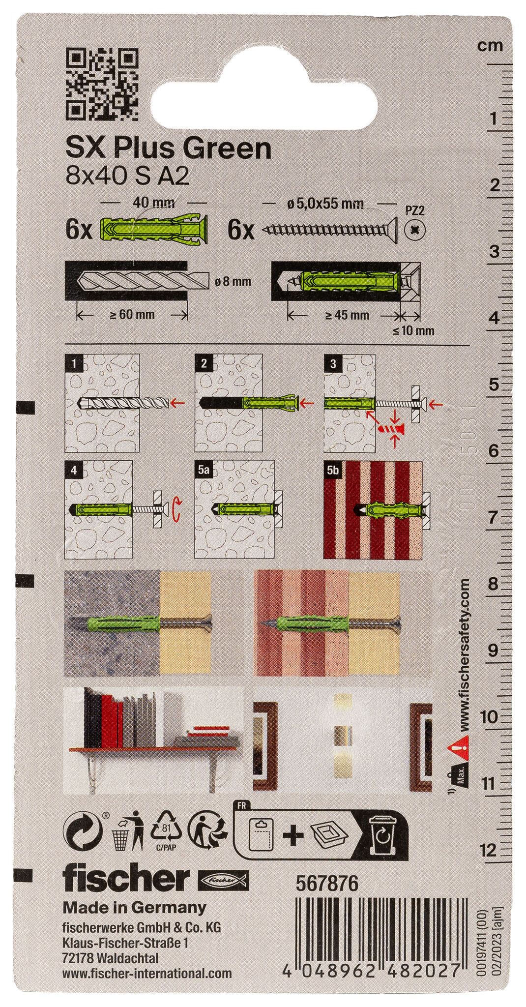Verpackung: "fischer Spreizdübel SX Plus Green 8 x 40 S mit Edelstahlschraube A2"