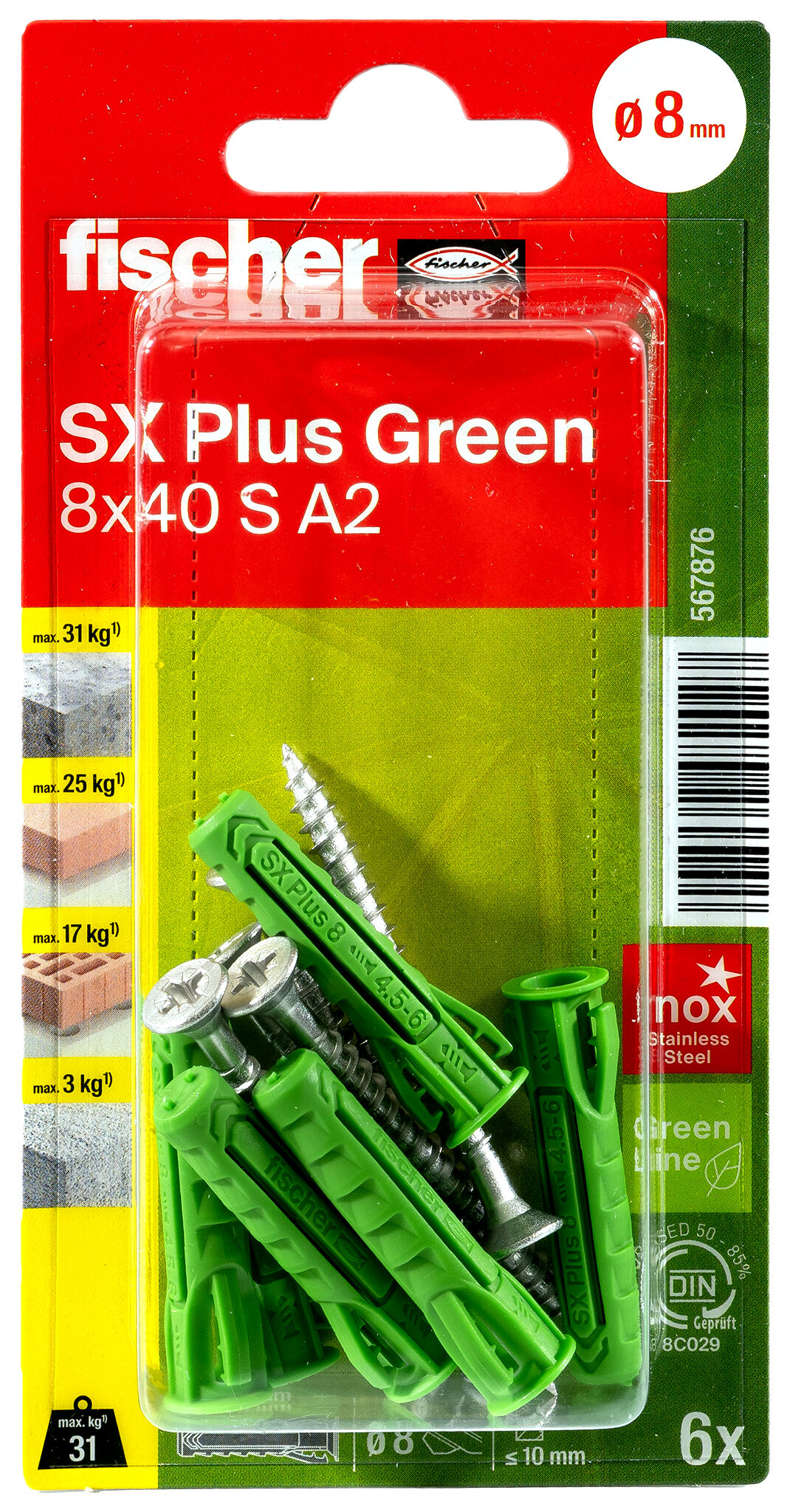 Verpackung: "fischer Spreizdübel SX Plus Green 8 x 40 S mit Edelstahlschraube A2"
