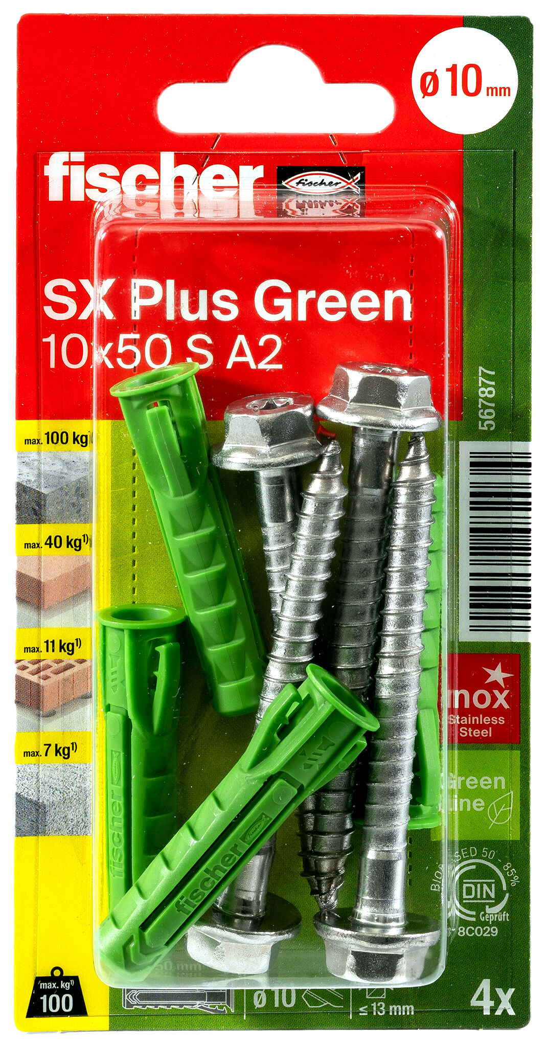 Verpackung: "fischer Spreizdübel SX Plus Green 10 x 50 S mit Edelstahlschraube A2"