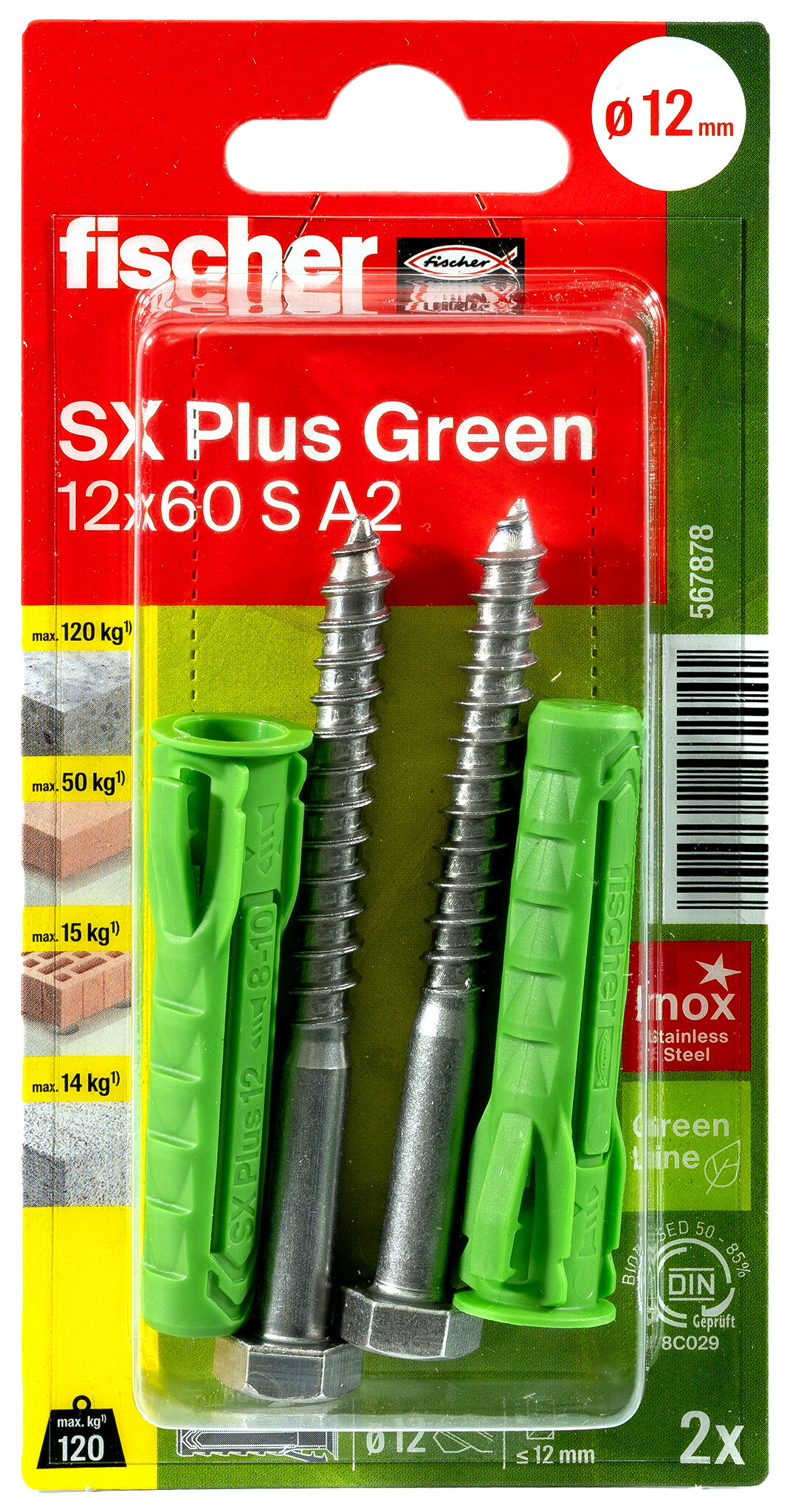 Verpackung: "fischer Spreizdübel SX Plus Green 12 x 60 S mit Edelstahlschraube A2"